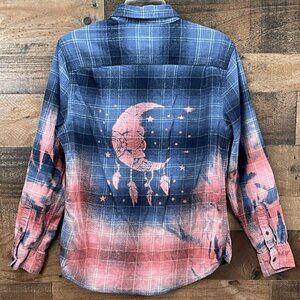 Bleached Crescent Moon Dream Catcher Flannel Shirt Pink Blue Plaid Size Large